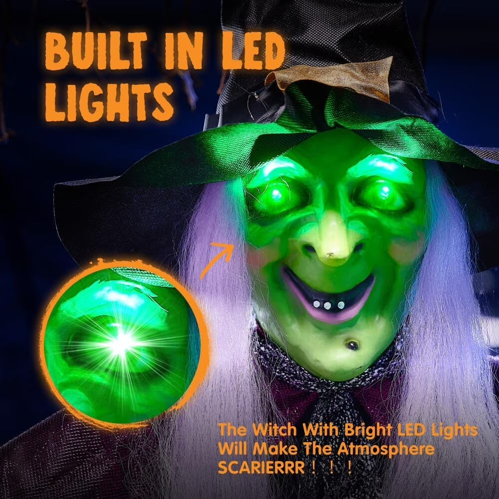 Enchanting 78" Hanging Witch Decoration with Magic Crystal Ball & Sound-Activated Glowing Eyes - Perfect for Outdoor Halloween Yard, Lawn, & Haunted House Decor!