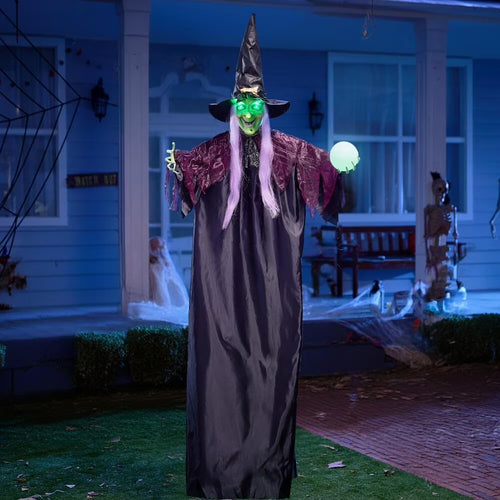 Enchanting 78" Hanging Witch Decoration with Magic Crystal Ball & Sound-Activated Glowing Eyes - Perfect for Outdoor Halloween Yard, Lawn, & Haunted House Decor!