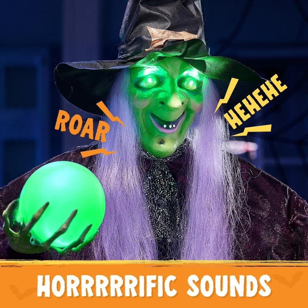 Enchanting 78" Hanging Witch Decoration with Magic Crystal Ball & Sound-Activated Glowing Eyes - Perfect for Outdoor Halloween Yard, Lawn, & Haunted House Decor!