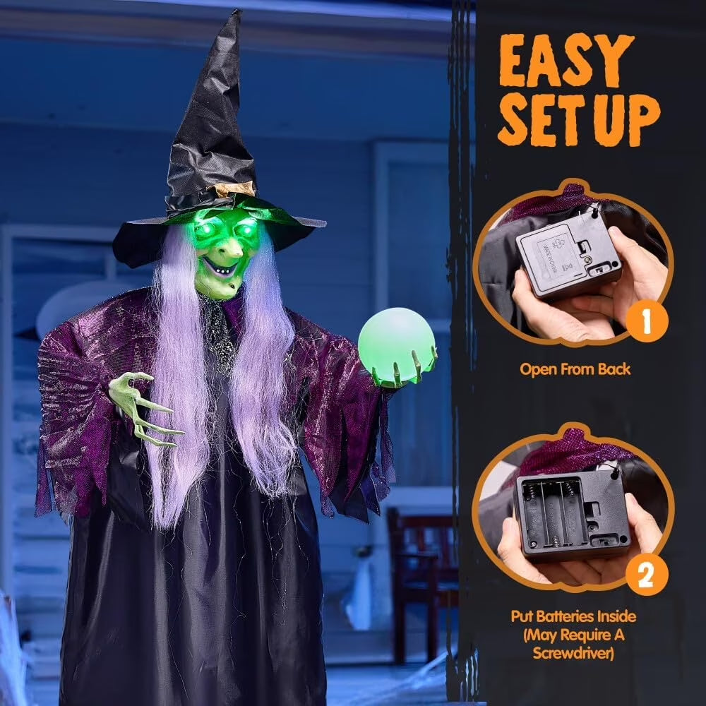 Enchanting 78" Hanging Witch Decoration with Magic Crystal Ball & Sound-Activated Glowing Eyes - Perfect for Outdoor Halloween Yard, Lawn, & Haunted House Decor!