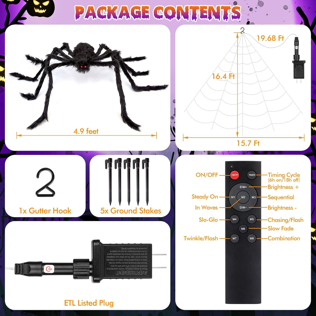 200" Halloween Decorations Spider Web Outdoor +59" Giant Spider Décor