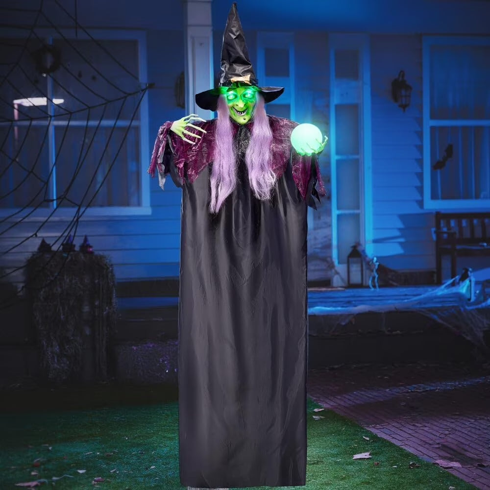 Enchanting 78" Hanging Witch Decoration with Magic Crystal Ball & Sound-Activated Glowing Eyes - Perfect for Outdoor Halloween Yard, Lawn, & Haunted House Decor!