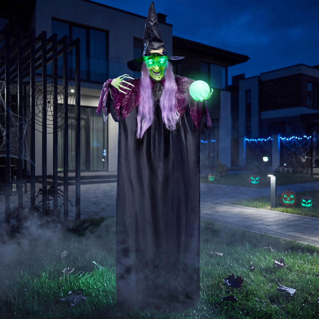 Enchanting 78" Hanging Witch Decoration with Magic Crystal Ball & Sound-Activated Glowing Eyes - Perfect for Outdoor Halloween Yard, Lawn, & Haunted House Decor!