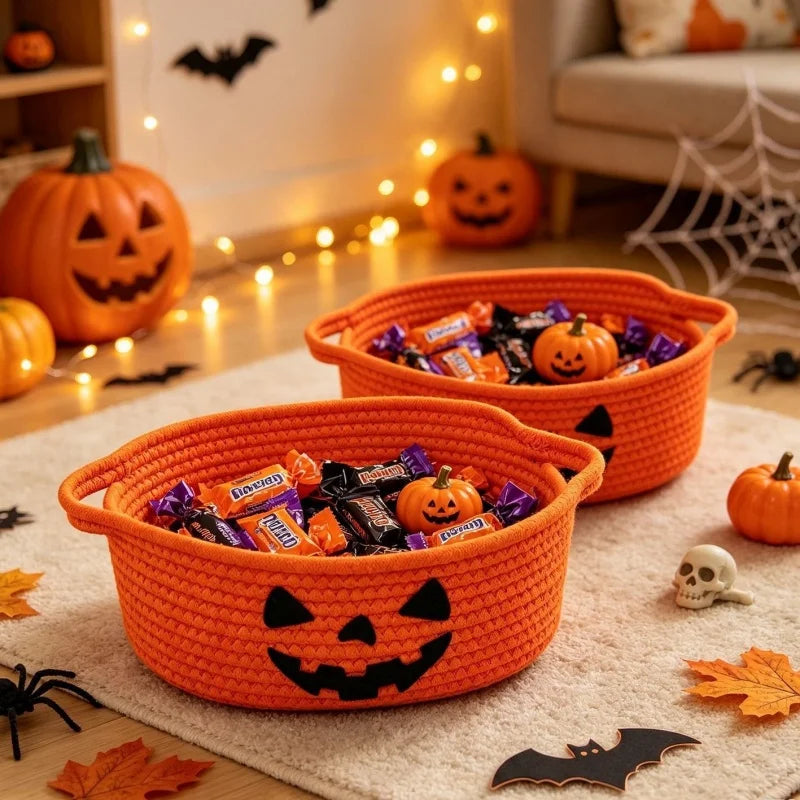 Halloween Party Decoration Cotton Rope Storage Basket Pumpkin Storage Basket Snack Candy Storage Box Daily Decorative Gifts