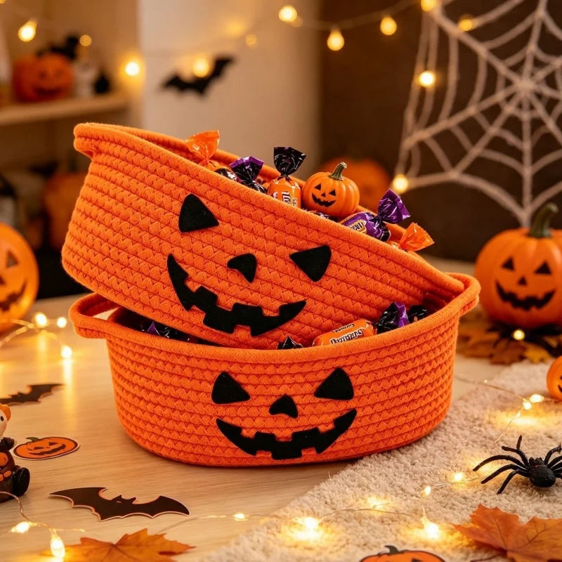 Halloween Party Decoration Cotton Rope Storage Basket Pumpkin Storage Basket Snack Candy Storage Box Daily Decorative Gifts