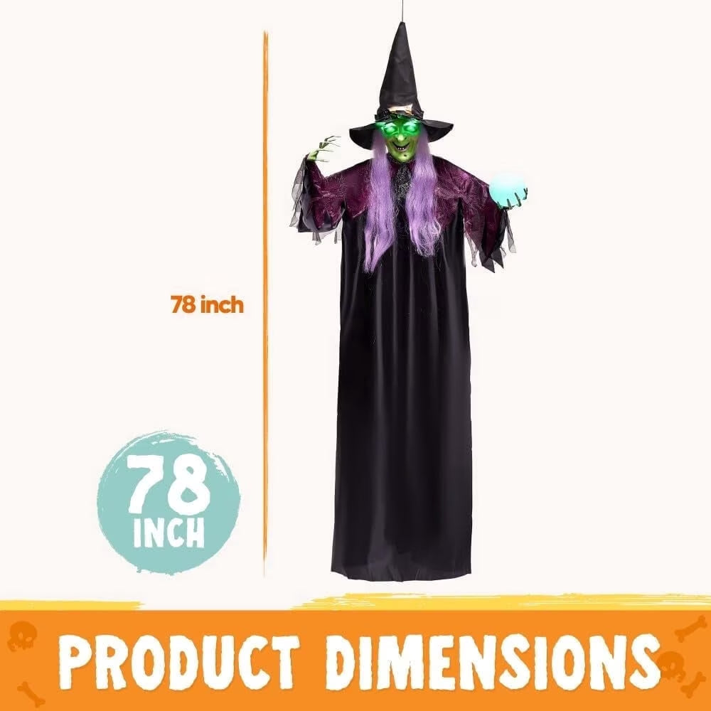 Enchanting 78" Hanging Witch Decoration with Magic Crystal Ball & Sound-Activated Glowing Eyes - Perfect for Outdoor Halloween Yard, Lawn, & Haunted House Decor!